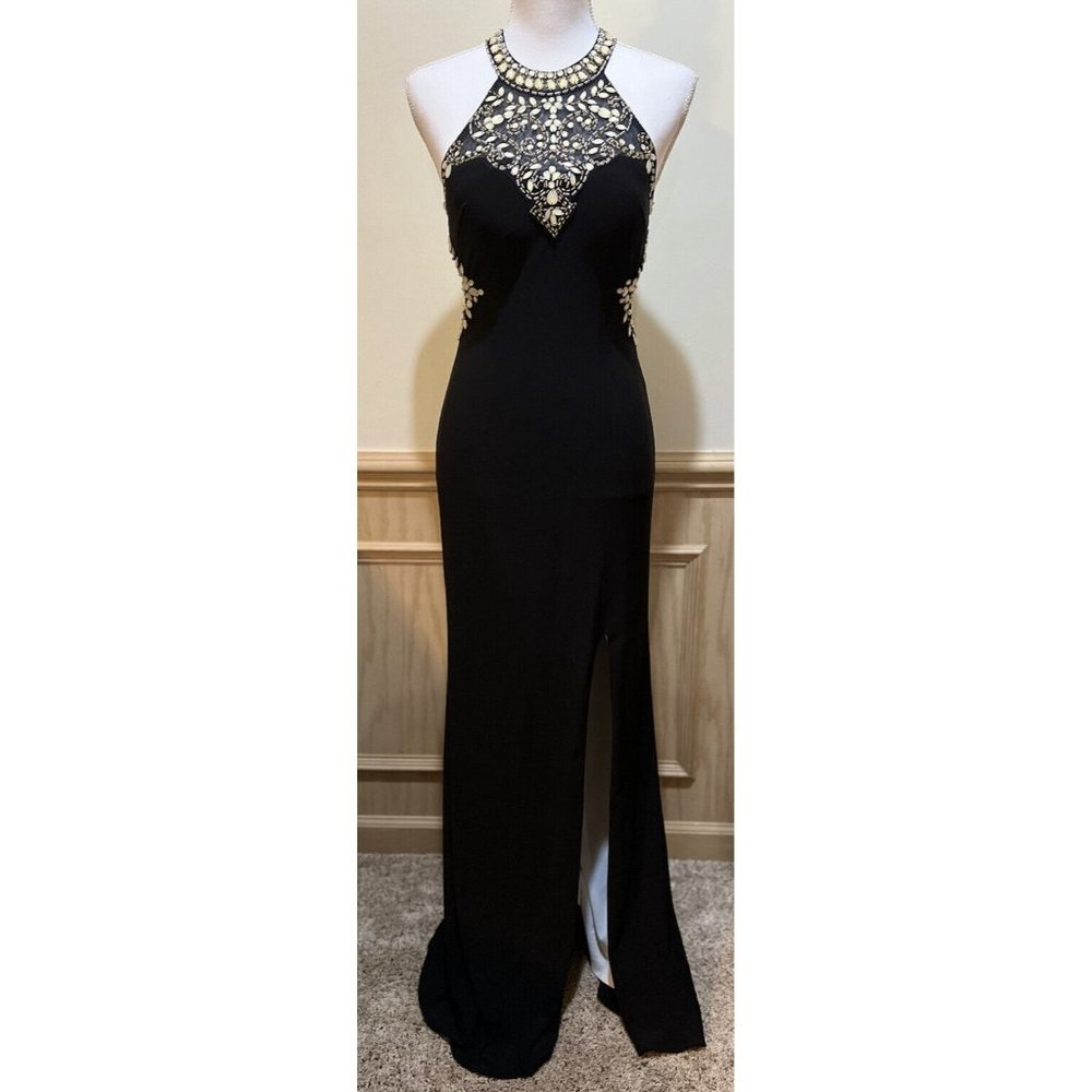 Betsy & Adam Black and Gold Prom Dress
